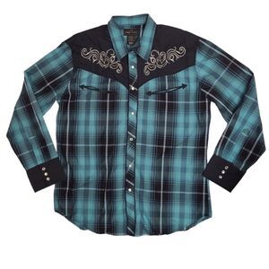 HIGH NOON blue plaid embroidered pearl snap button‎ western cowboy shirt L